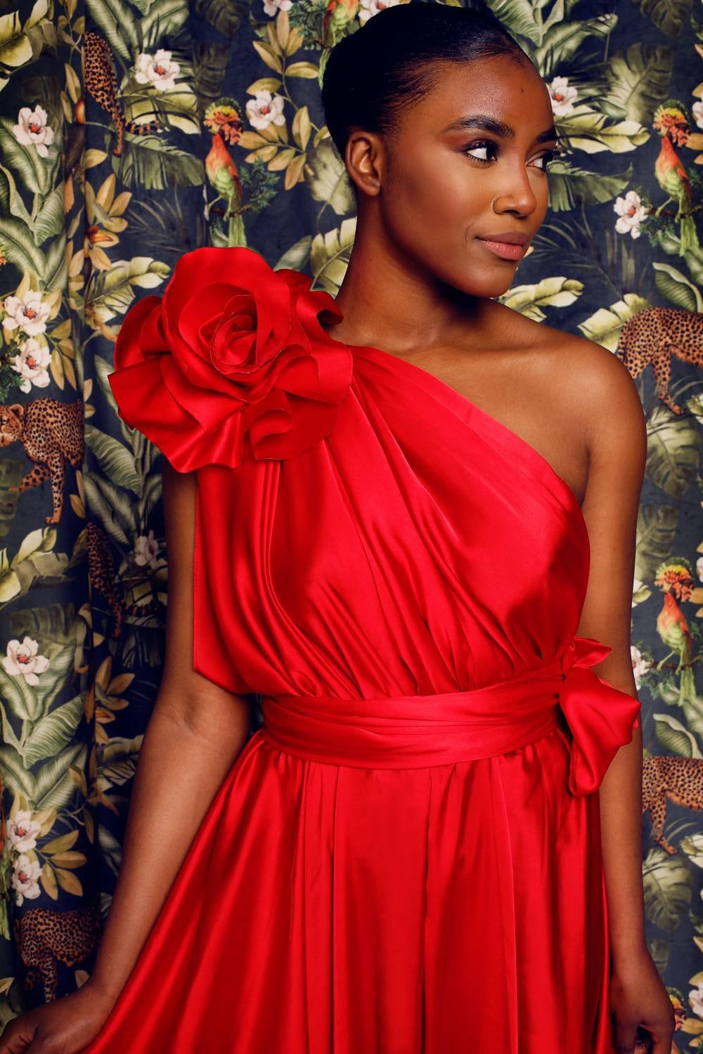Rosso – One-Shoulder Satin Evening Gown with Handmade Flower