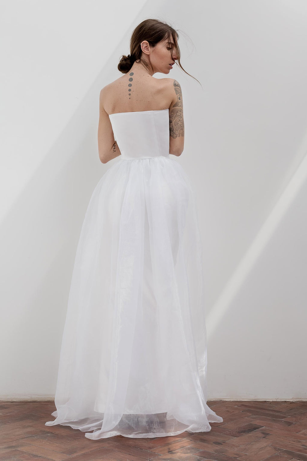 Strapless Satin Corset Gown with Organza Overskirt
