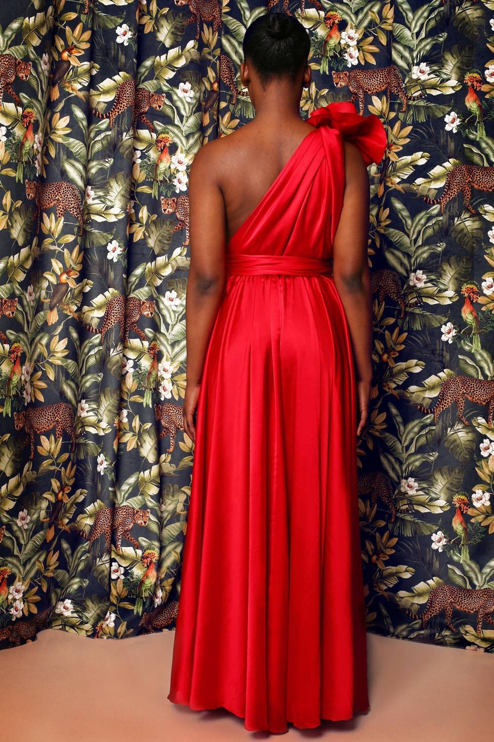 Rosso – One-Shoulder Satin Evening Gown with Handmade Flower