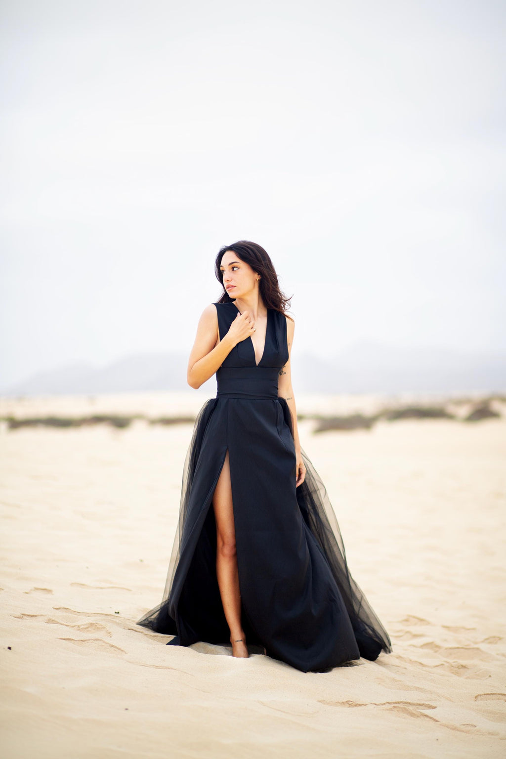 Taffeta & Tulle Evening Gown – Deep V-Neck, Open Back & High Slit, Made to Measure