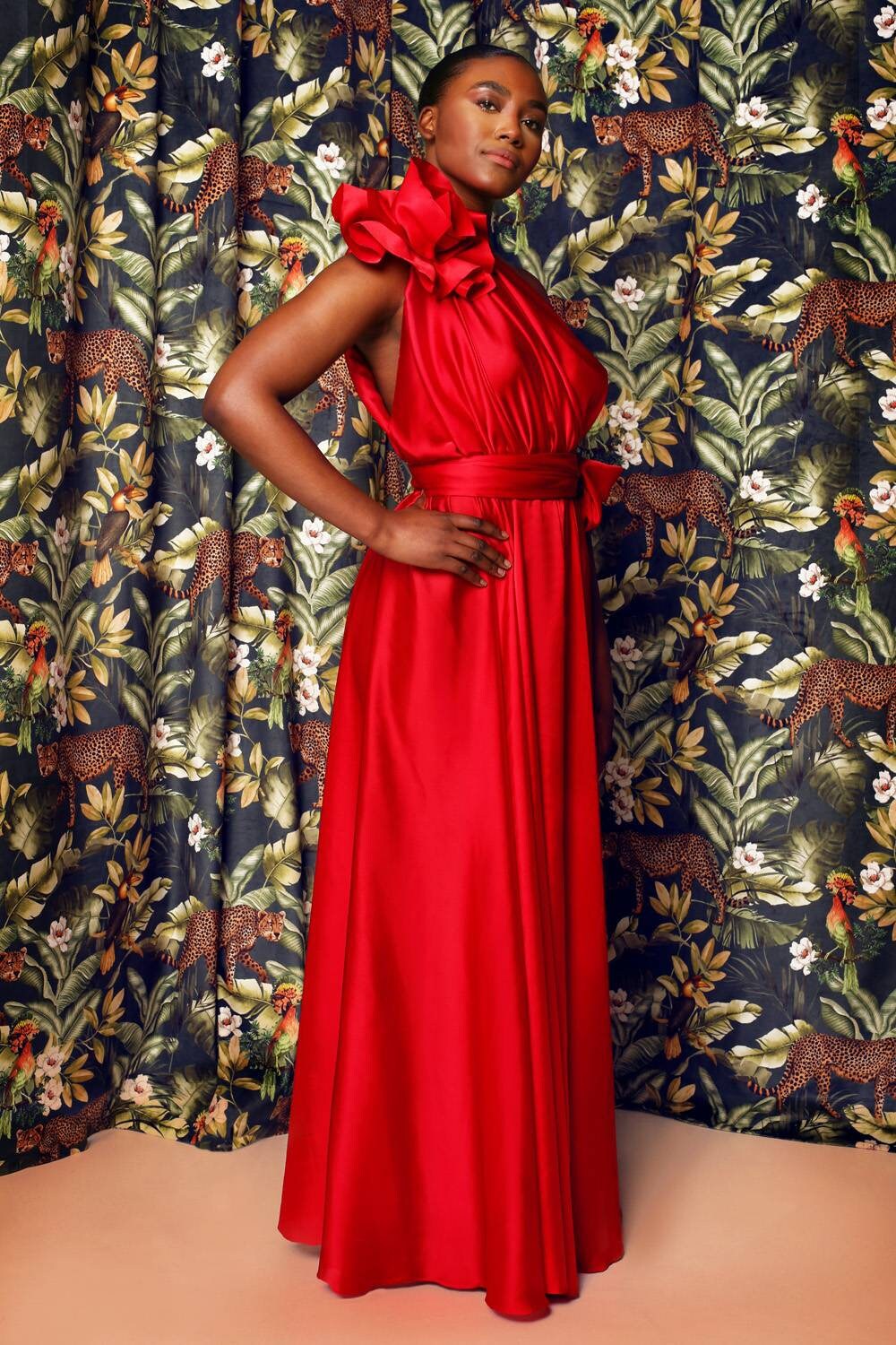 Rosso – One-Shoulder Satin Evening Gown with Handmade Flower
