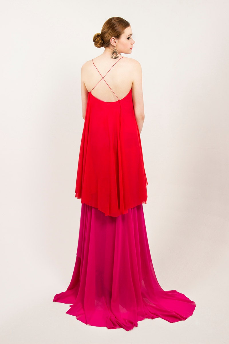Robe de soirée en mousseline bicolore orange et rose