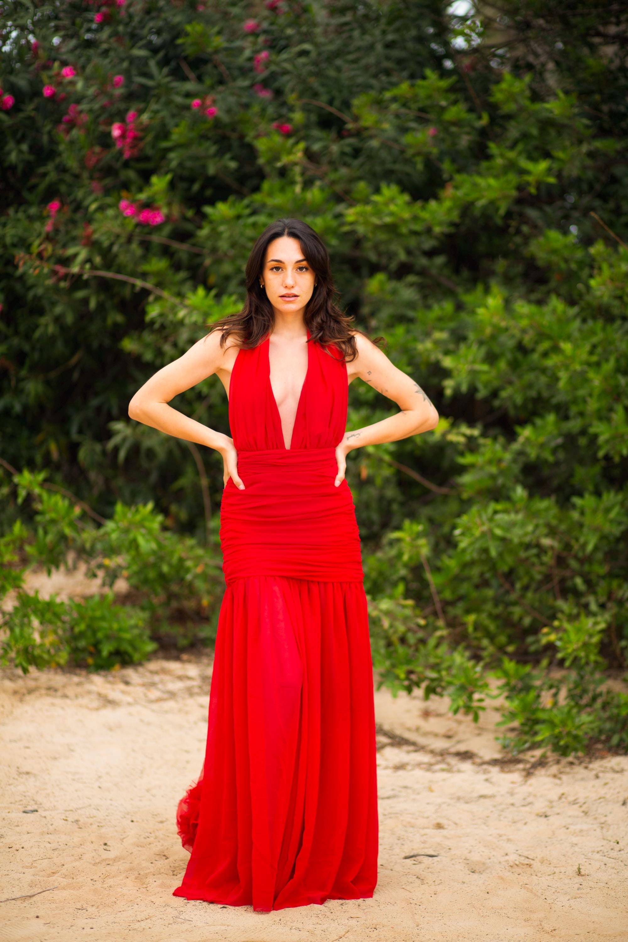 Robe Hollywood – Robe dos nu en mousseline de georgette avec ceinture ornée d'une rosette, sur mesure