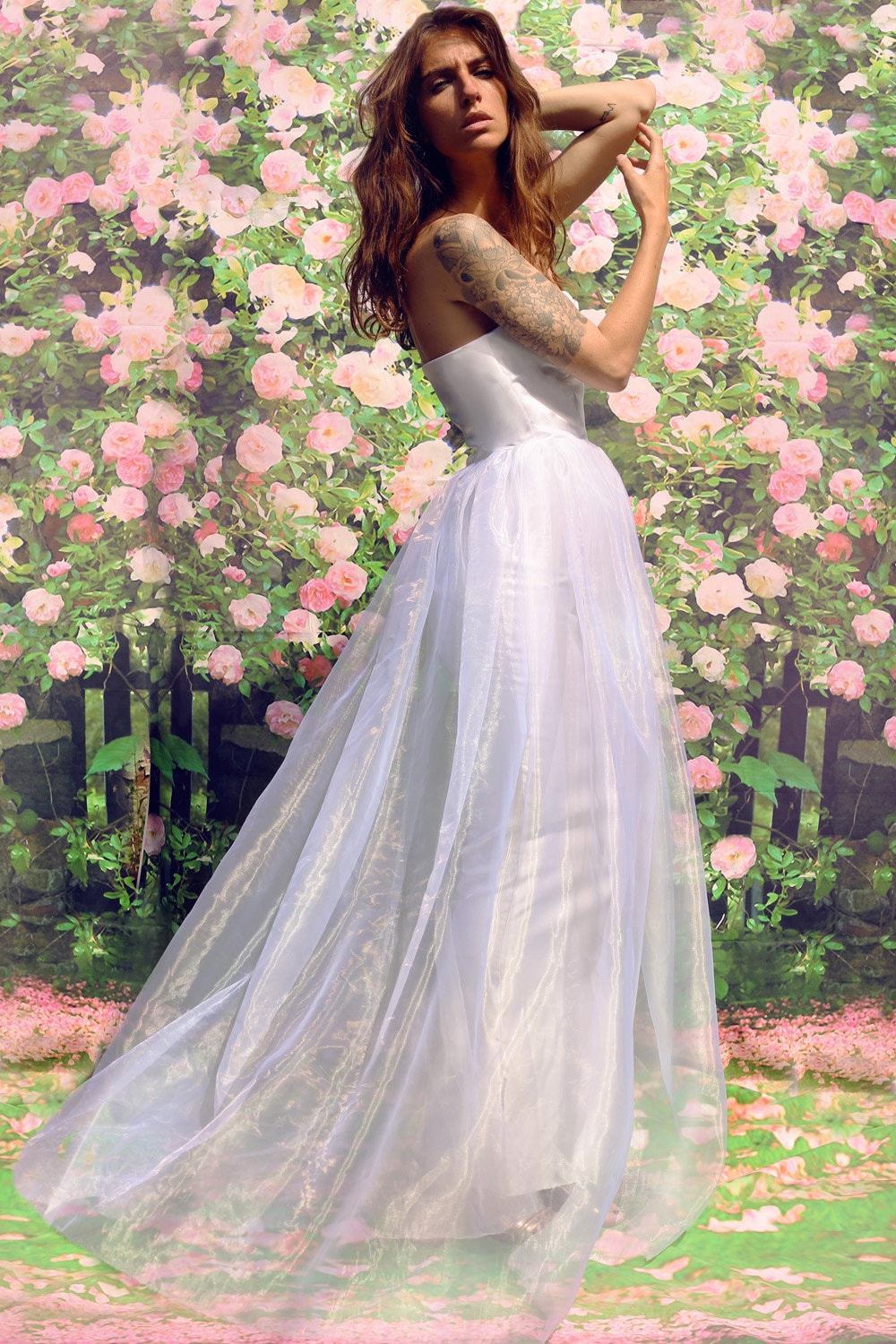 Strapless Satin Corset Gown with Organza Overskirt