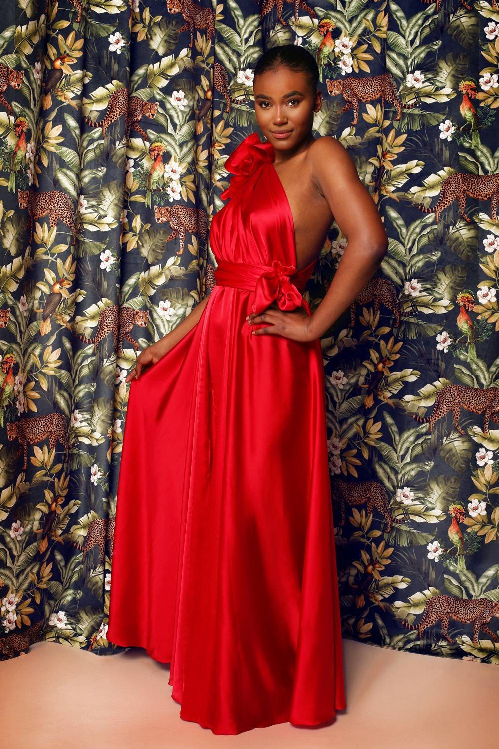 Rosso – One-Shoulder Satin Evening Gown with Handmade Flower