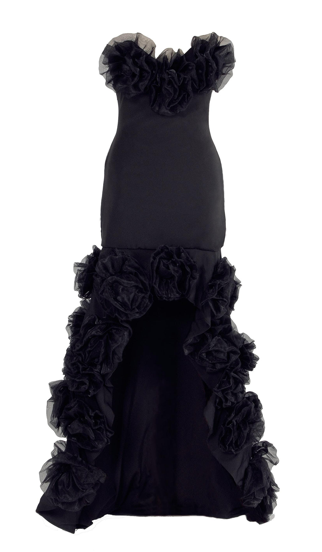 Black Ruffled High-Low Evening Gown – Strapless Corset Back, Made to Measure