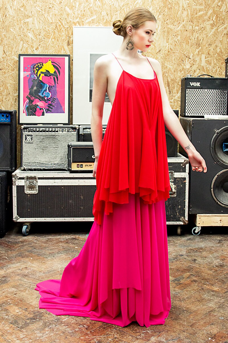 Robe de soirée en mousseline bicolore orange et rose