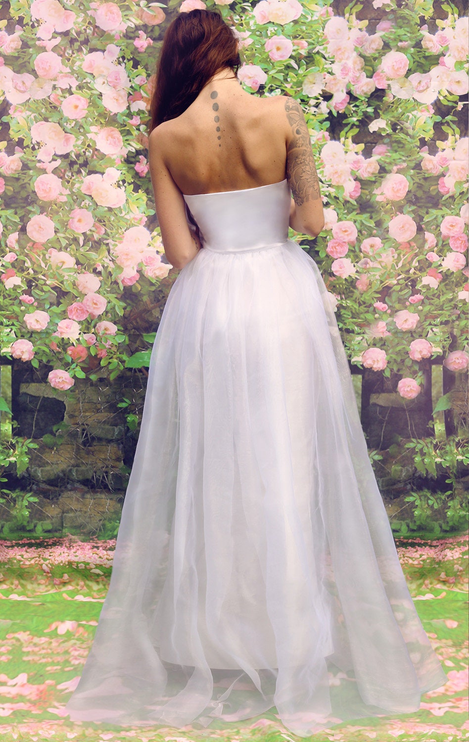 Strapless Satin Corset Gown with Organza Overskirt