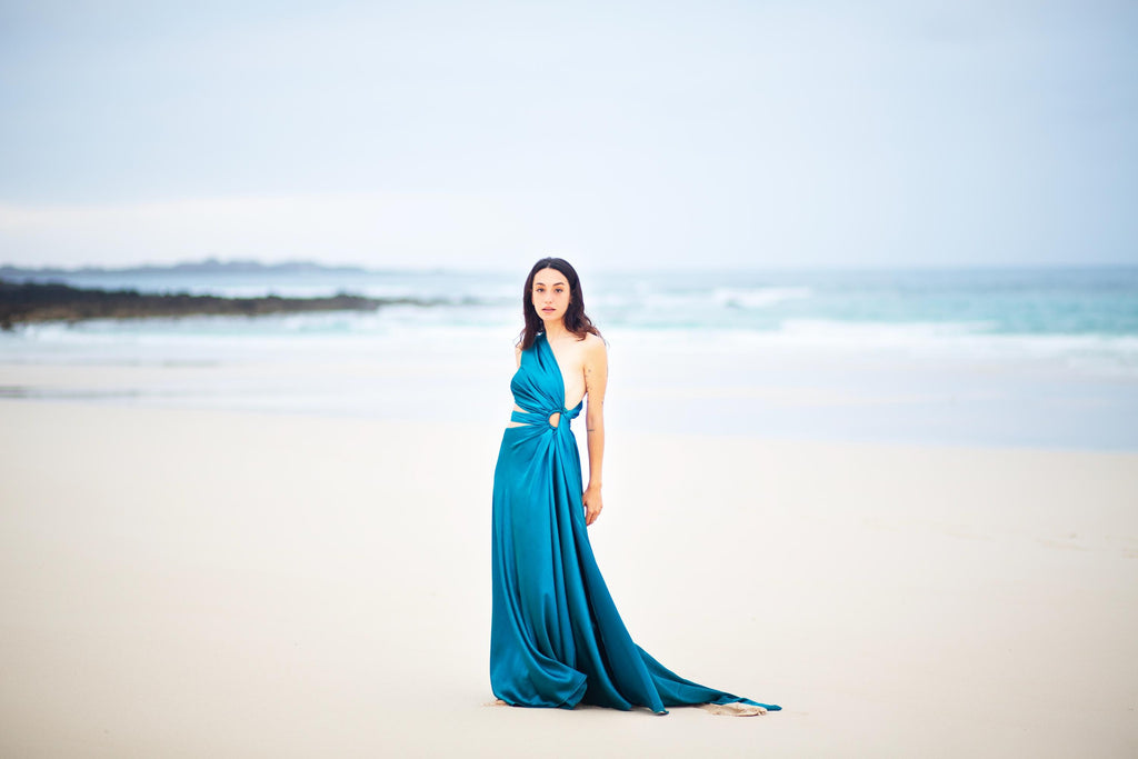 Satin One-Shoulder Maxi Gown – Cut-Out Ring Detail, High Slit & Open Back, Made to Measure