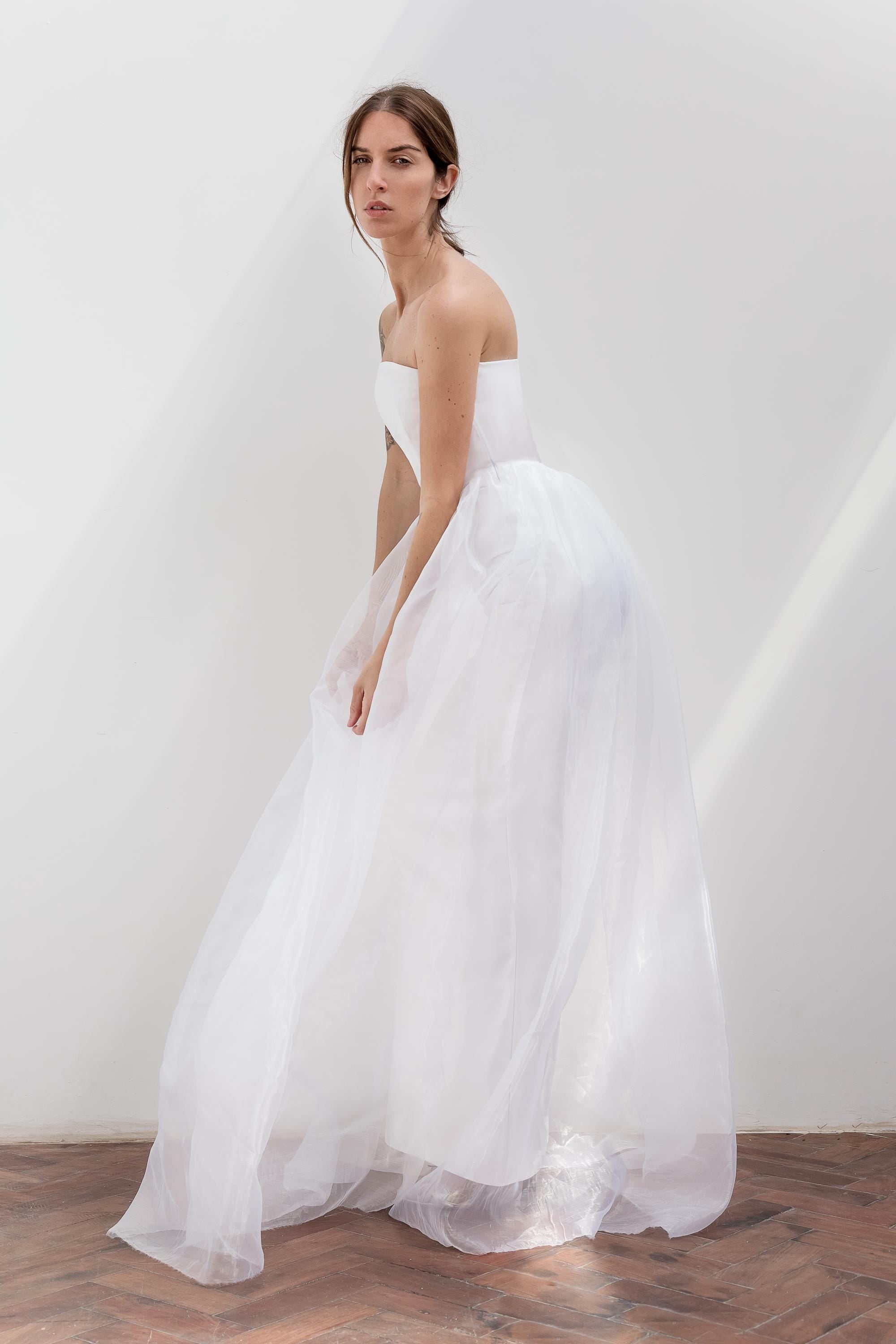 Strapless Satin Corset Gown with Organza Overskirt