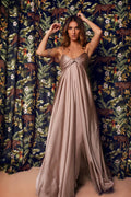Robe longue en satin avec corsage noué et grand nœud au dos
