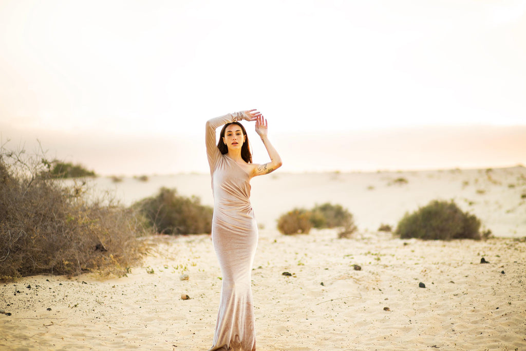 One-Sleeve Velvet Maxi Gown – Ring Waist Detail & Side Cut-Out, Made to Measure